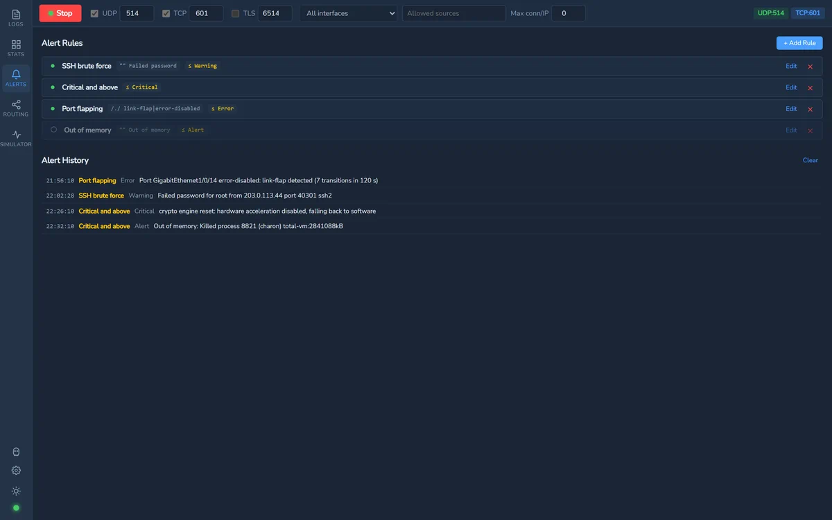 The alerts tab: four rules with their patterns and severity thresholds, and underneath them the events those rules caught.