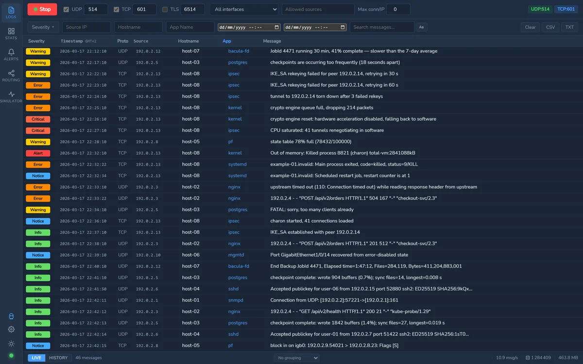 The same log viewer with anonymous mode on: hostnames, addresses and user names replaced by stable stand-ins.