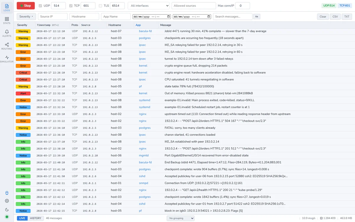 The same log viewer with anonymous mode on: hostnames, addresses and user names replaced by stable stand-ins.