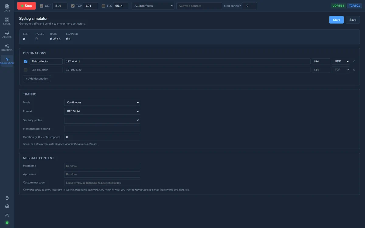 The simulator tab: destinations with host and port, a mode and a profile, and a rate in messages per second.