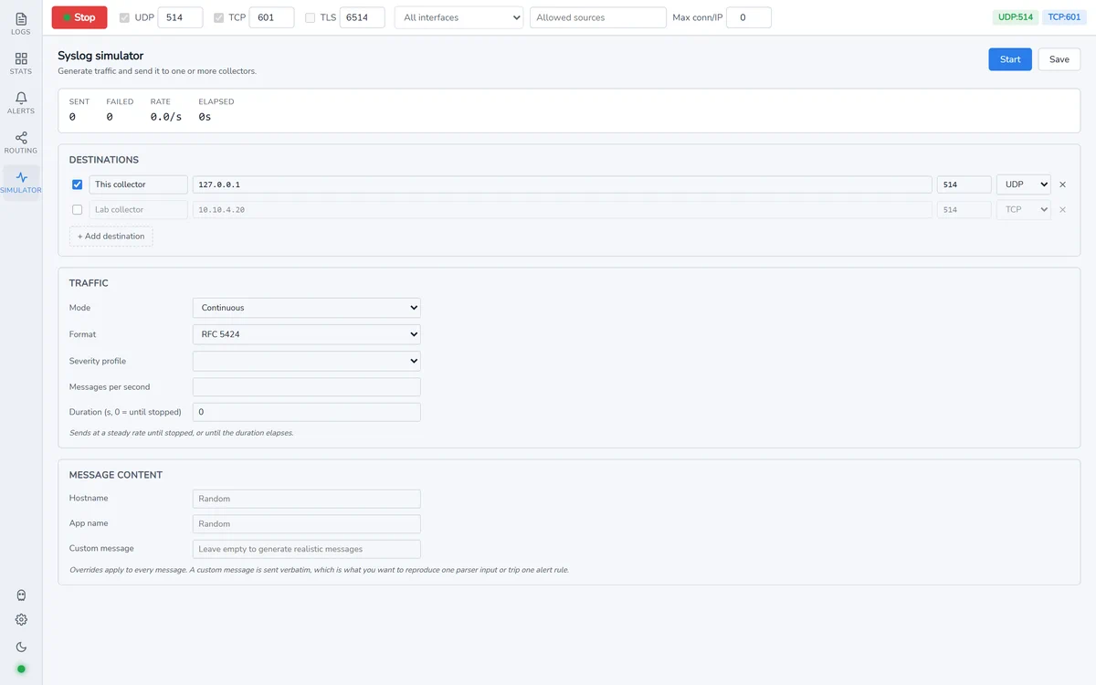 The simulator tab: destinations with host and port, a mode and a profile, and a rate in messages per second.