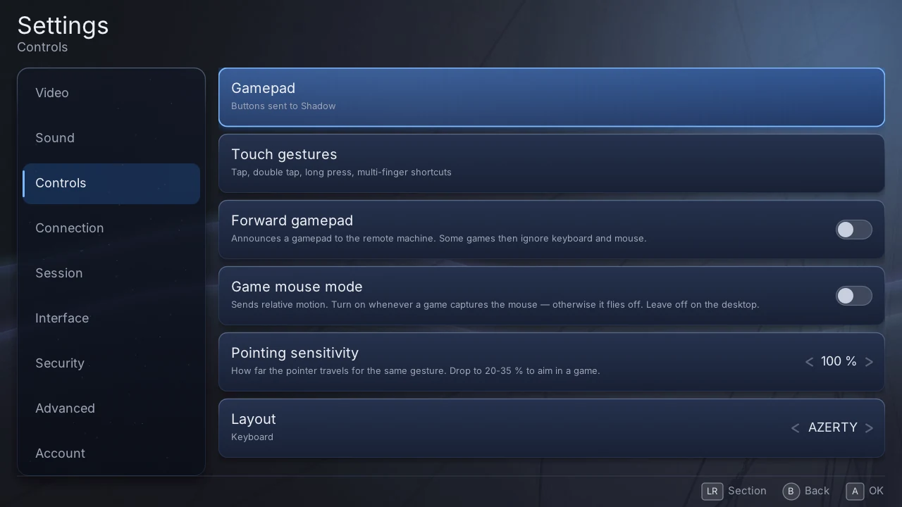 The controls settings
